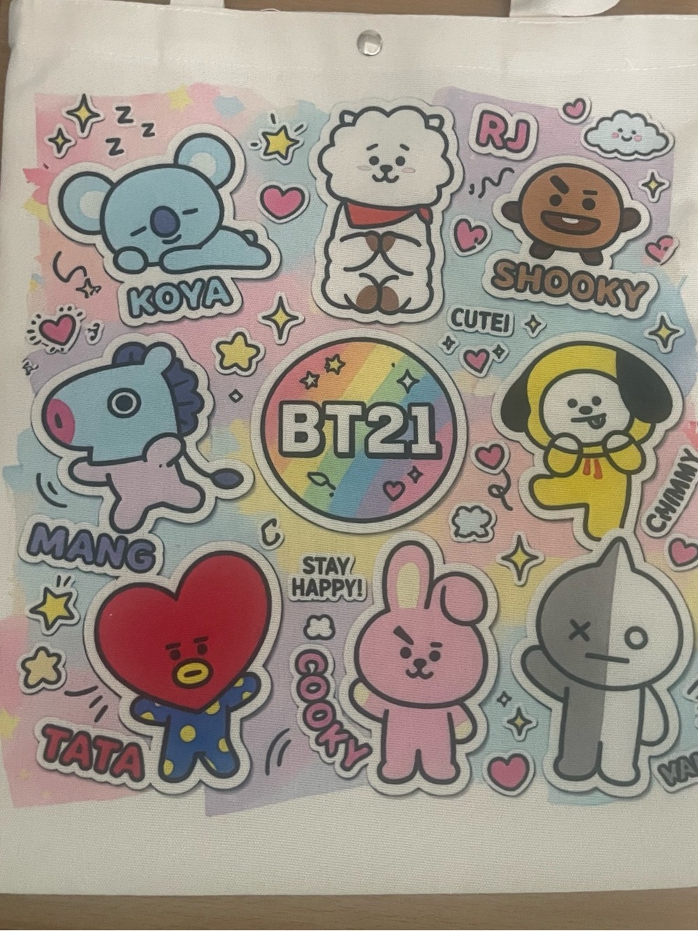 BY21 Tote Bag with Pastel Rainbow Characters - Pink/Blue/Yellow